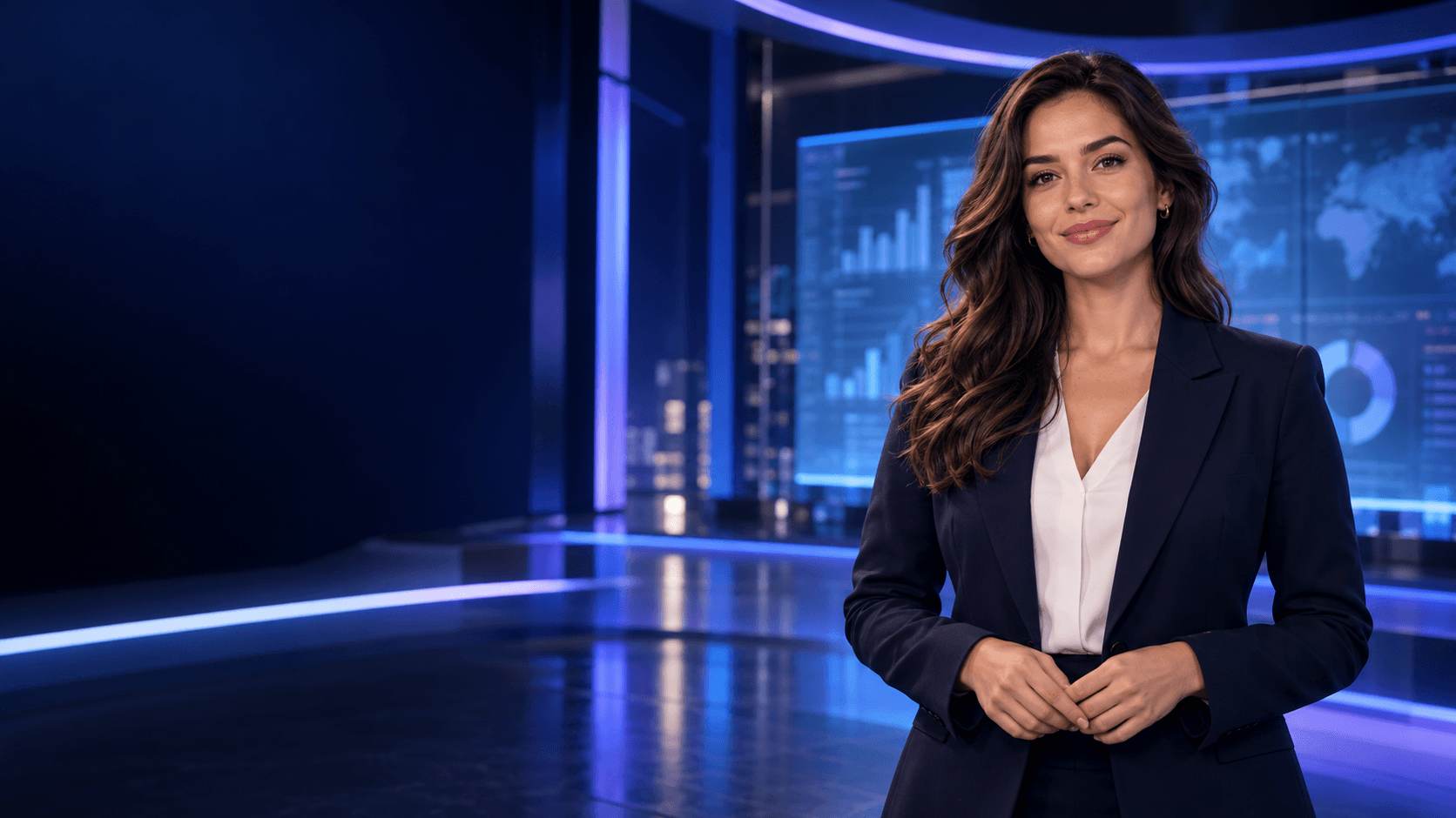 Presentation concept: a fictional professional KLYCK presenter in an electric blue studio
